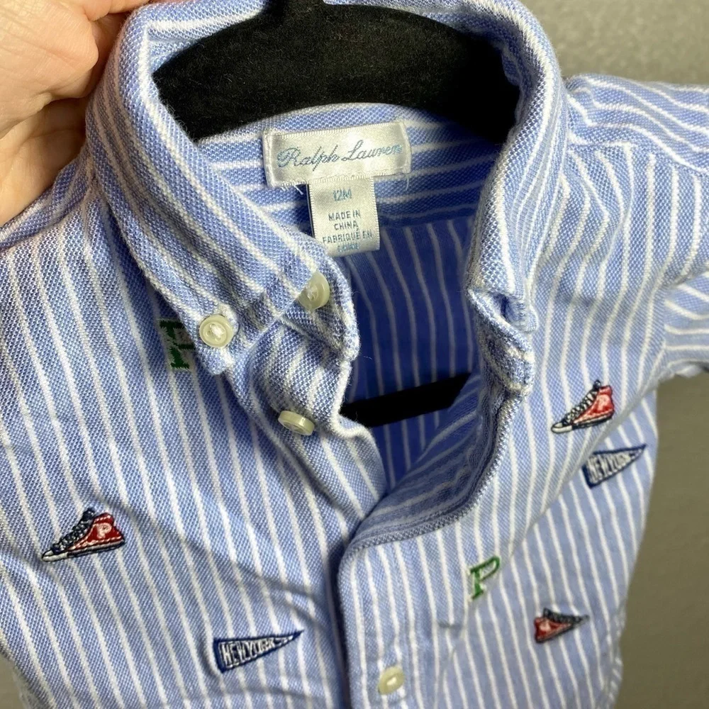 Ralph lauren blue striped button up short sleeve shirt with patches size 12M